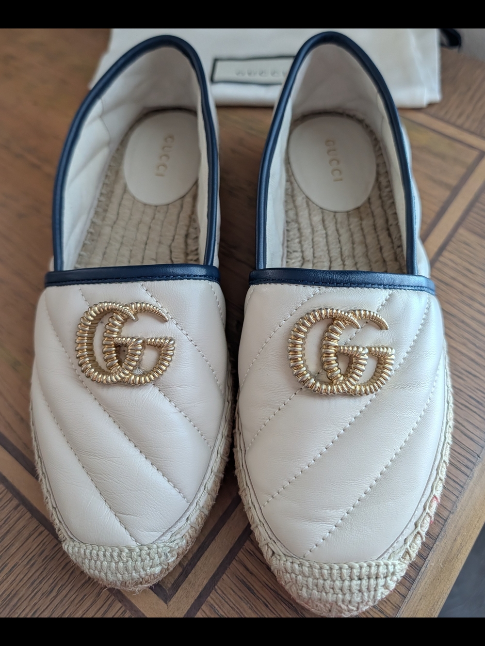 Gucci Cream Leather Espadrilles with Gold Double G and Navy Trim